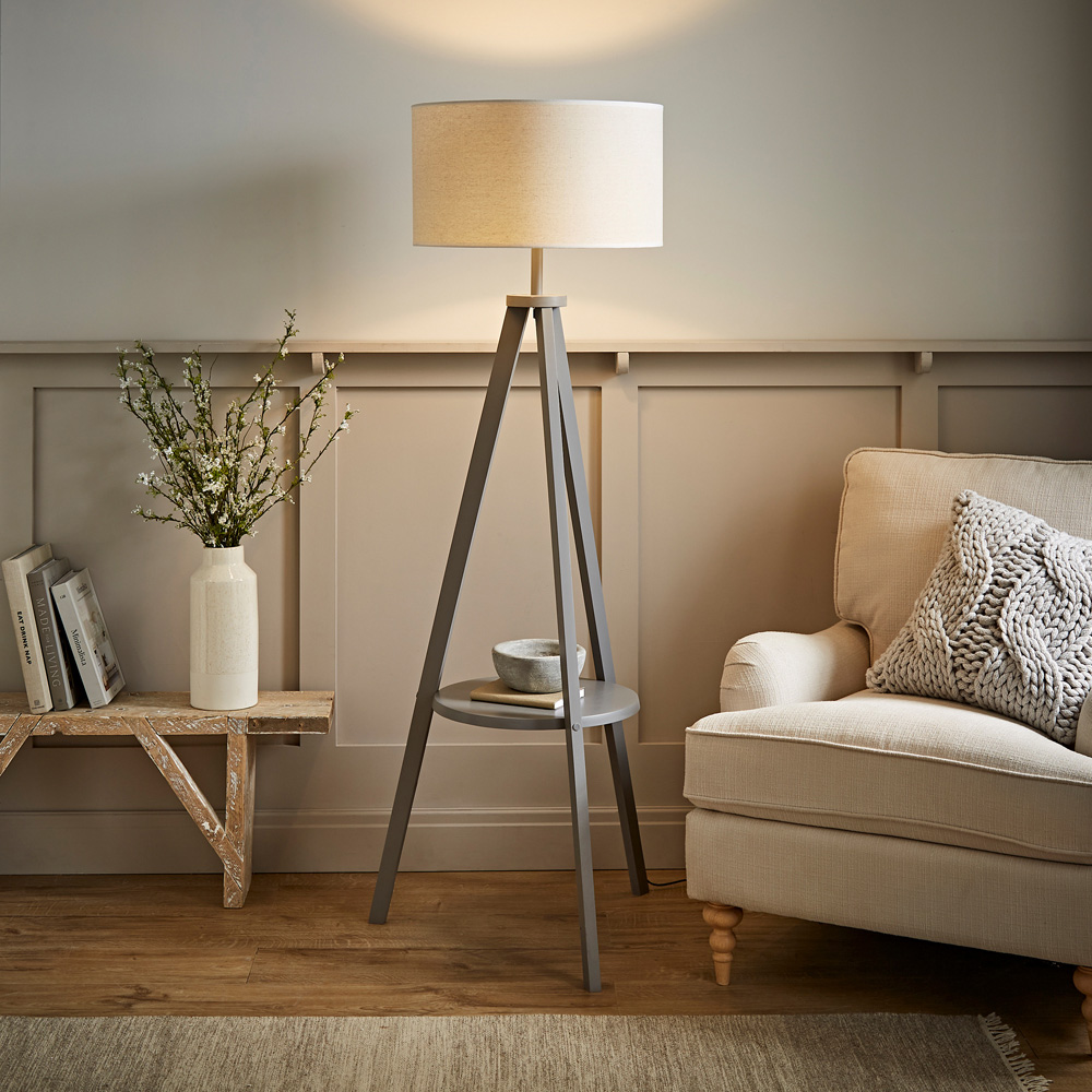 ValueLights Morrigan Grey Wood Shelf White Trim Shade Tripod Floor Lamp with Bulb Image 2