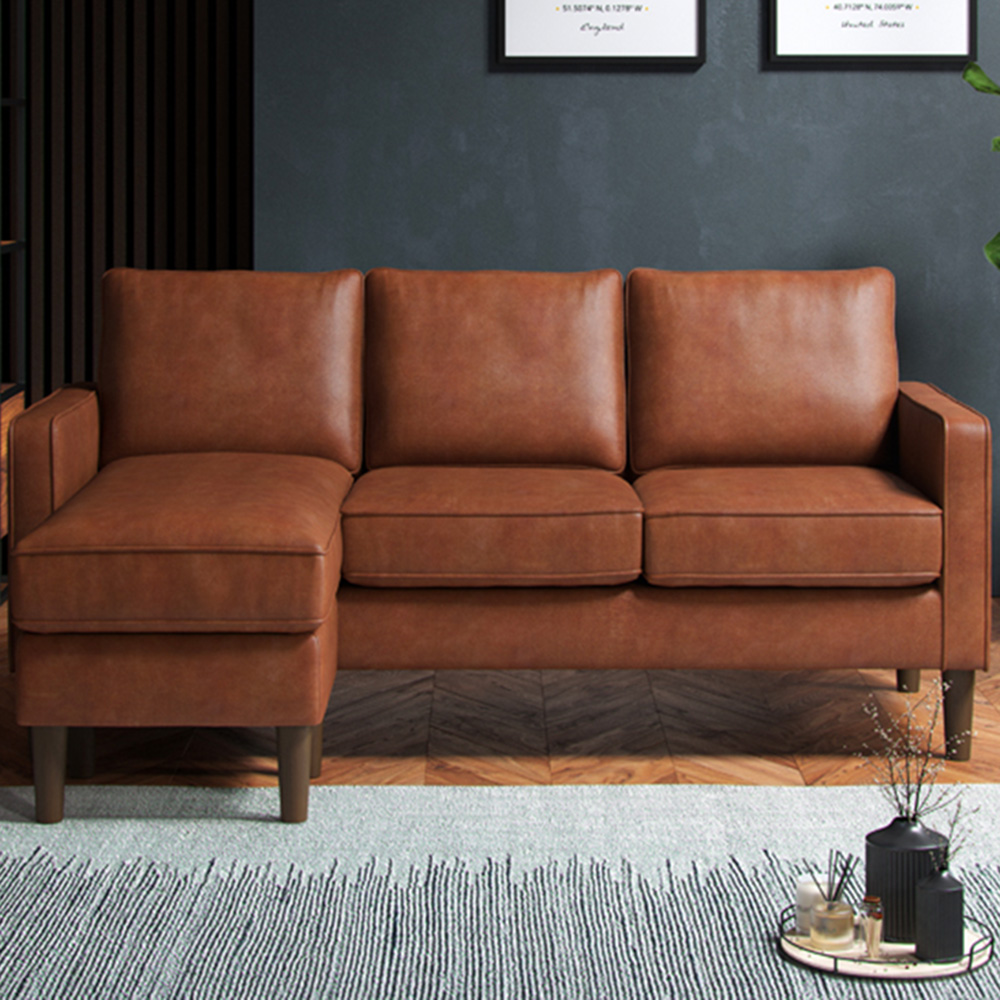 Regan 3 Seater Tan Faux Leather Reversible Chaise Sofa Image 1