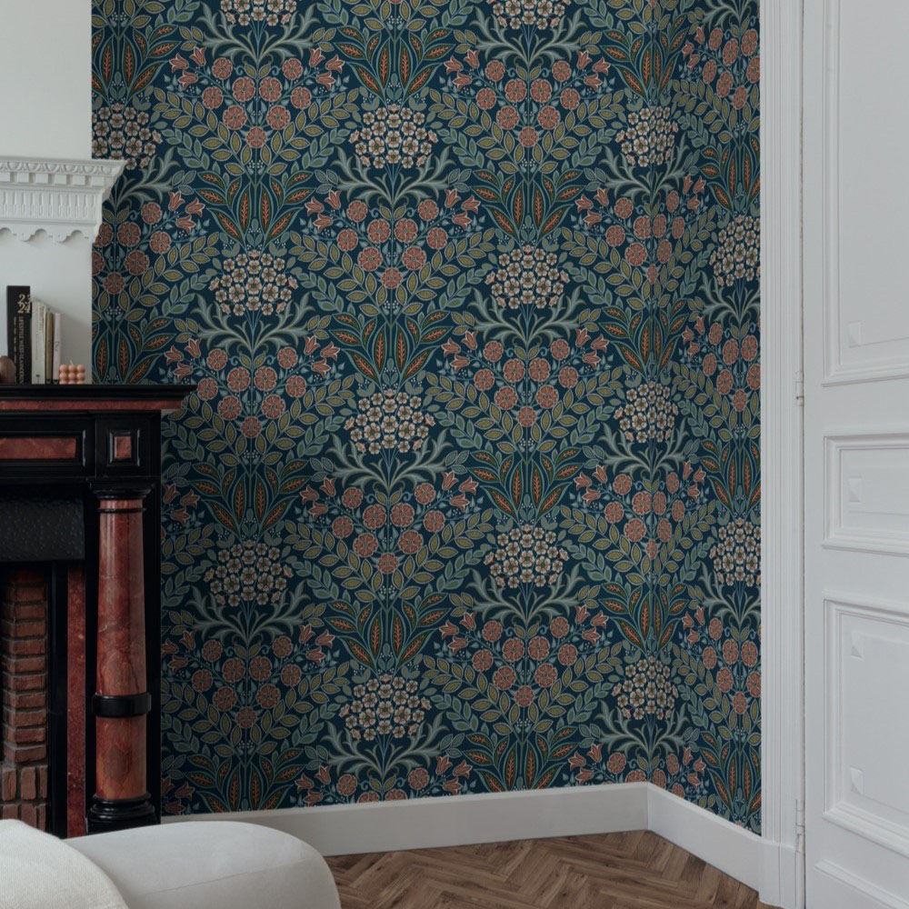 Grandeco Belevedere Arts and Crafts Floral Navy Damask Image 2