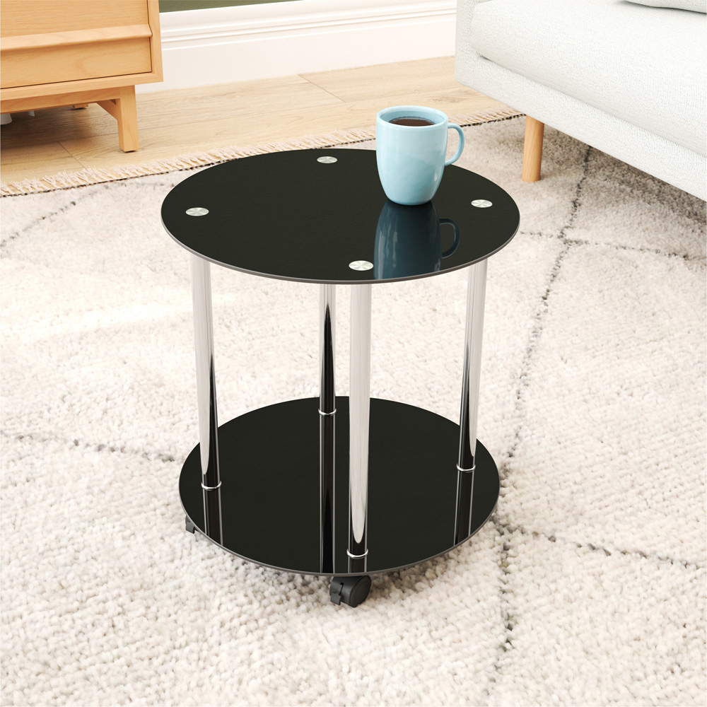 AVF Black Glass and Chrome Round Lamp Table with Wheels Image 6