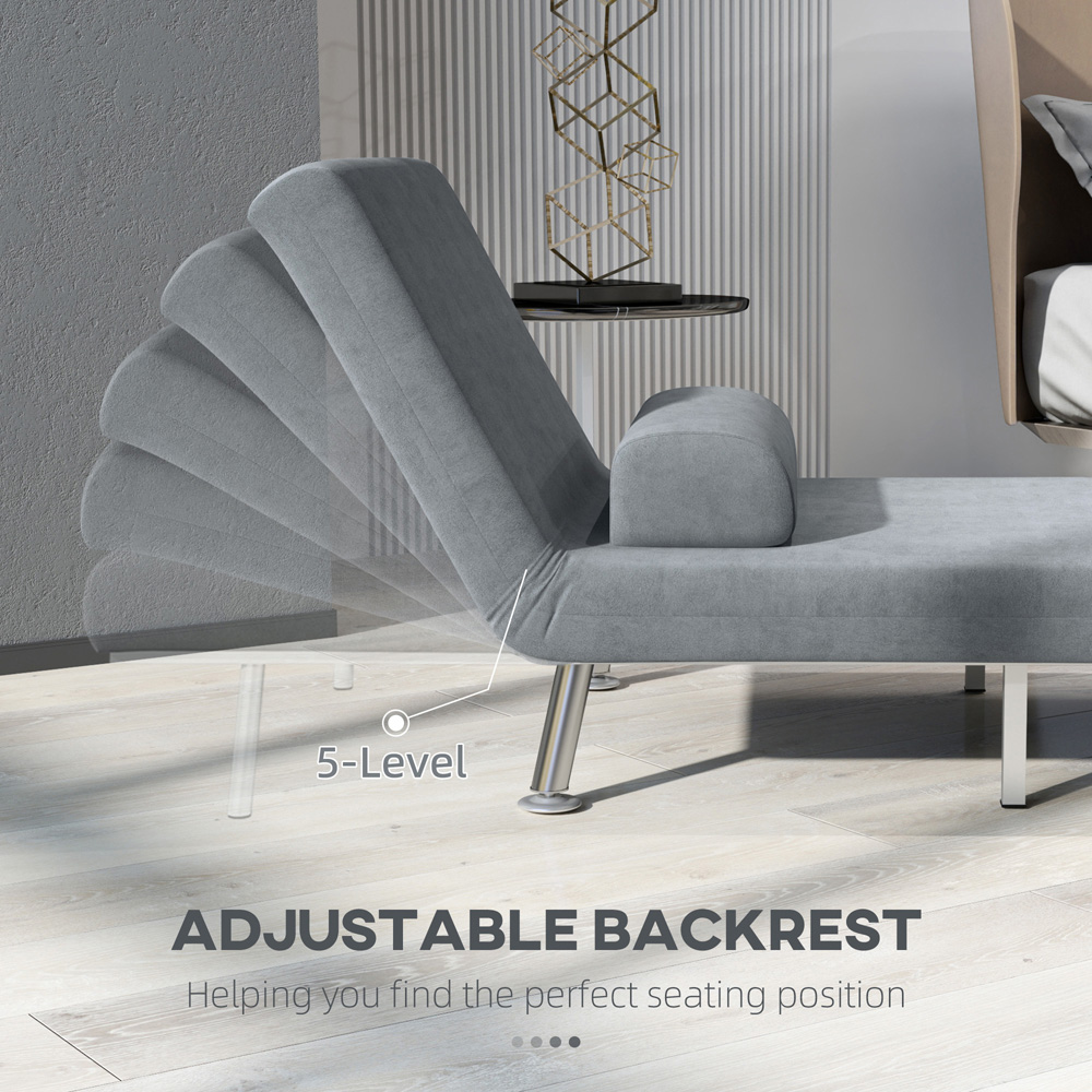 HOMCOM Single Grey Velvet Chair Bed with Adjustable Backrest Image 6