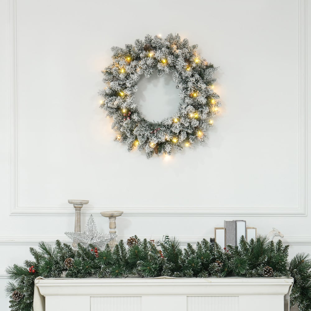 Everglow Green Christmas LED Wreath with Snowy Pine Cones and Red Berries 60cm Image 2