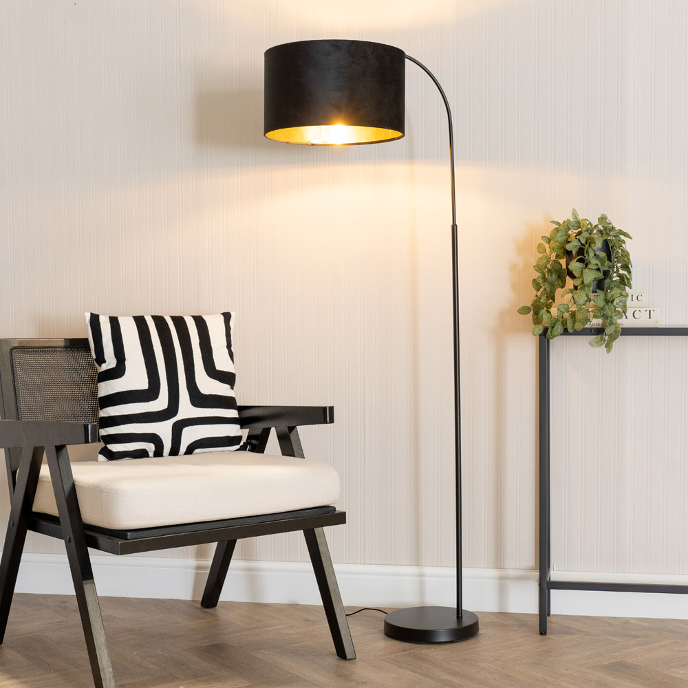 ValueLights Curva Black Arched LED Floor Lamp with Black and Gold Velvet Lamp Shade Image 3