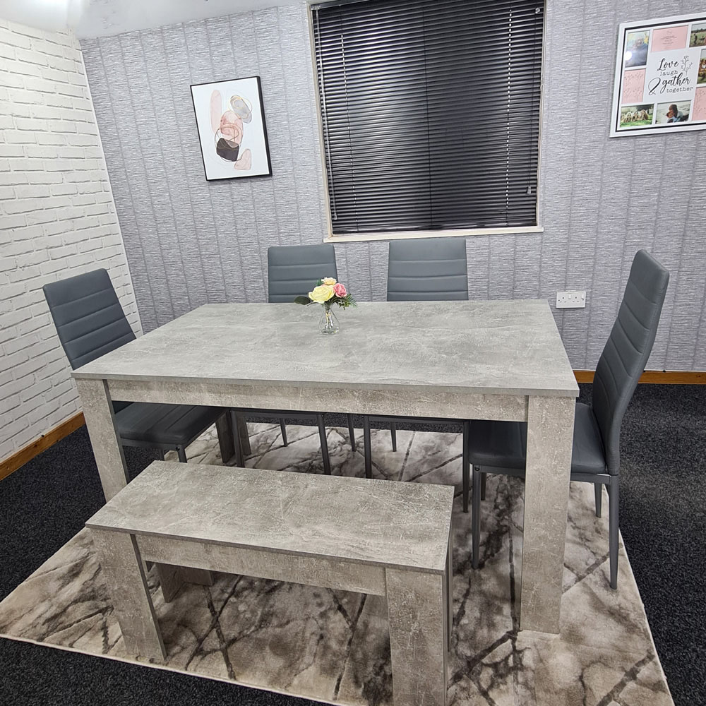 Portland Leather 6 Seater Dining Set with Bench Stone Grey and Grey Image 4