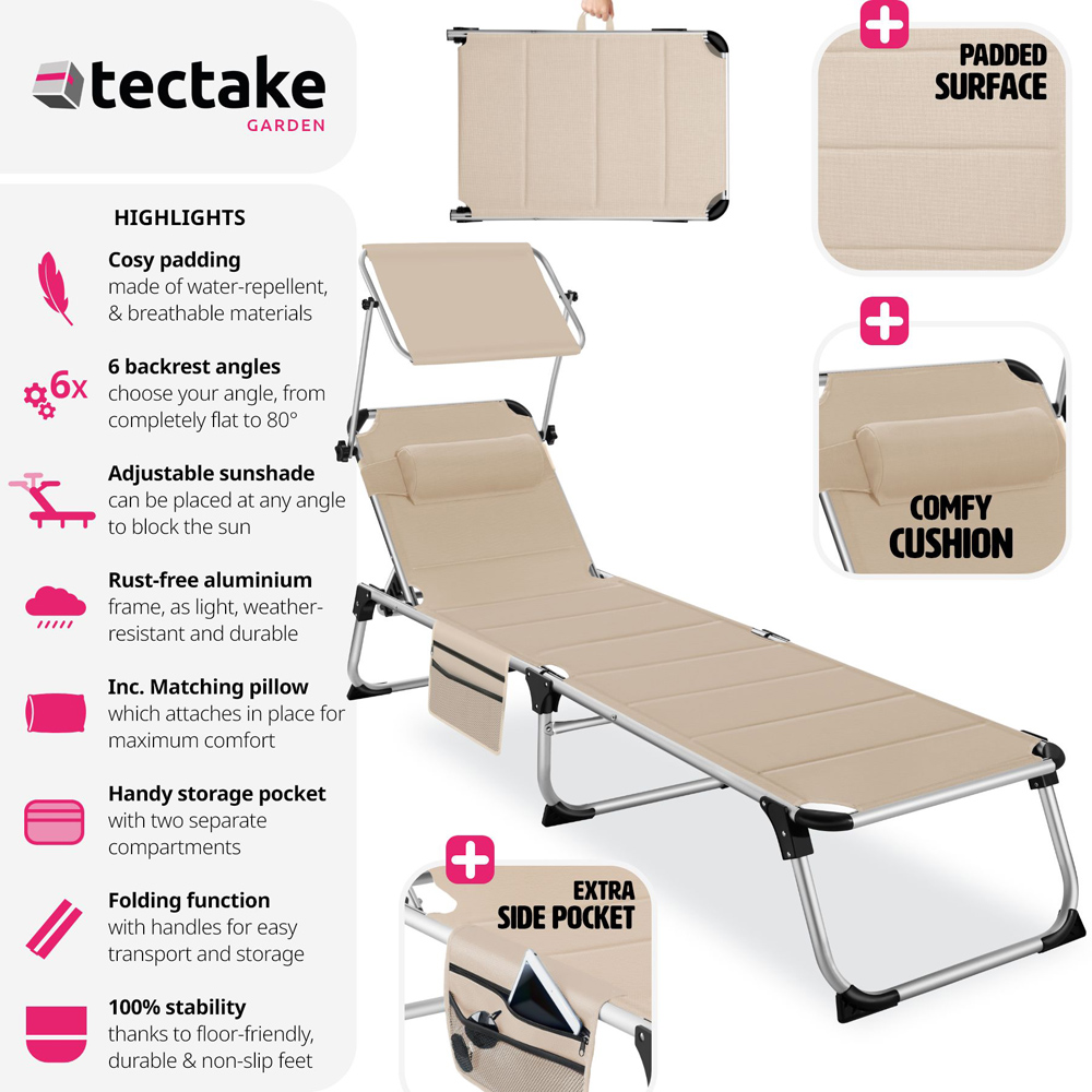 tectake Lorella Beige Aluminium Frame Foldable Sun Lounger Image 5