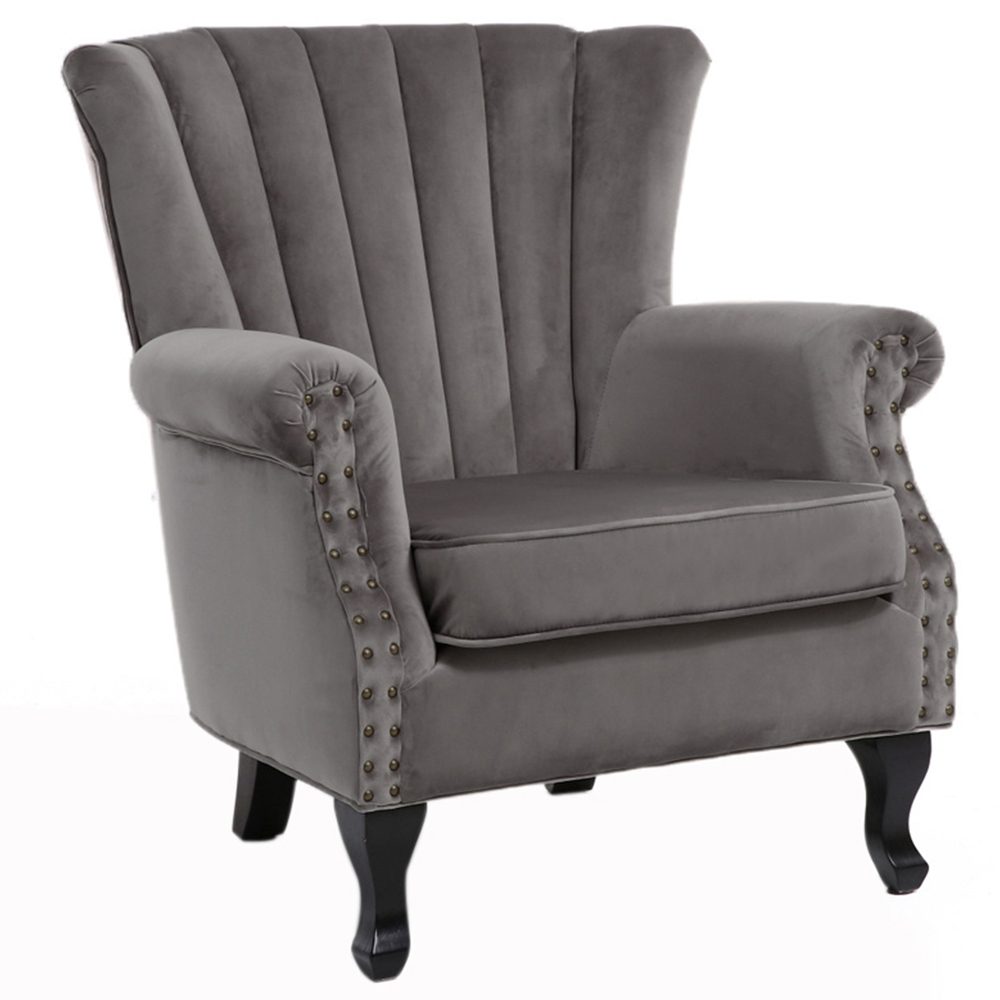 Living and Home Vintage Grey Velvet Wingback Armchair Image 2