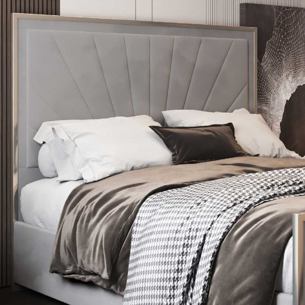 Roxy Super King Size Grey Soft Velvet Upholstered Metal Bed Frame with Chevron Headboard Image 3