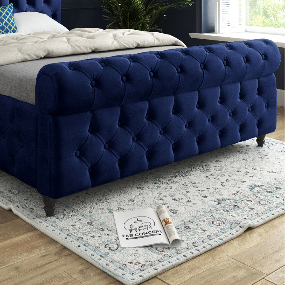 Savana Single Blue Soft Velvet Upholstered Sleigh Bed Frame with Scrolled Headboard Image 4