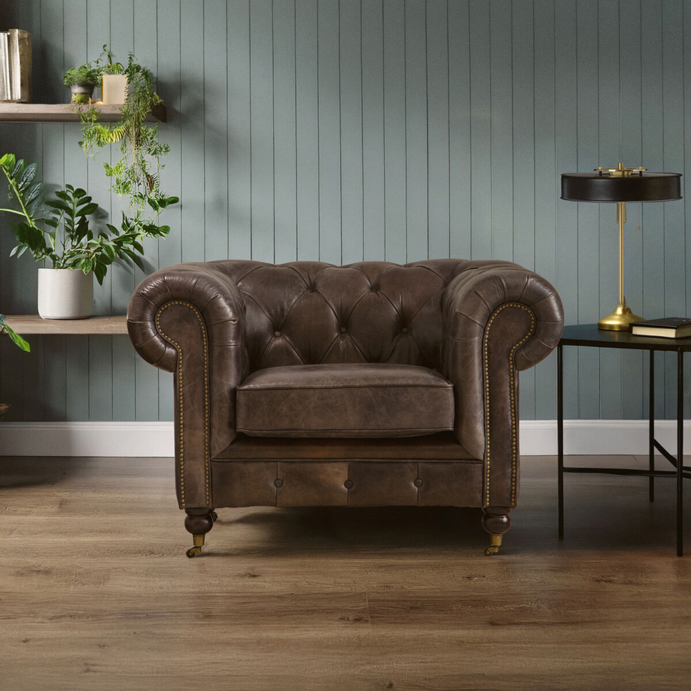 Premier Housewares Victor Dark Grey Brown Leather Chesterfield Chair Image 3