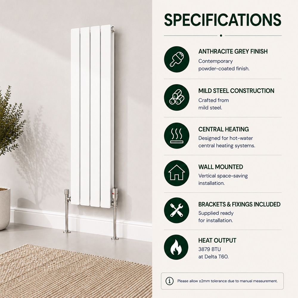Go Bathrooms Pinta White Single Panel Vertical Radiator 1600 x 340mm Image 4