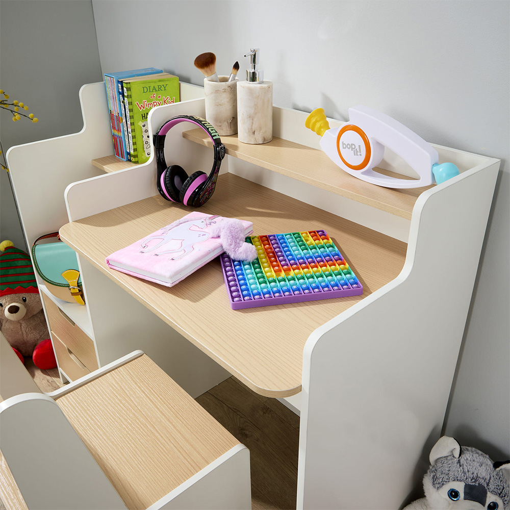 Home Source Scribbly 2 Drawer 3 Shelf White and Wood Effect Kids Study Desk Set Image 6