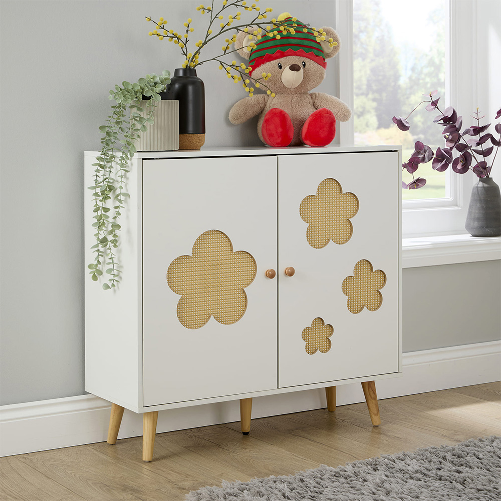 Home Source Daisy 2 Door White Cut Out Rattan Insert Kids Storage Cabinet Image 9