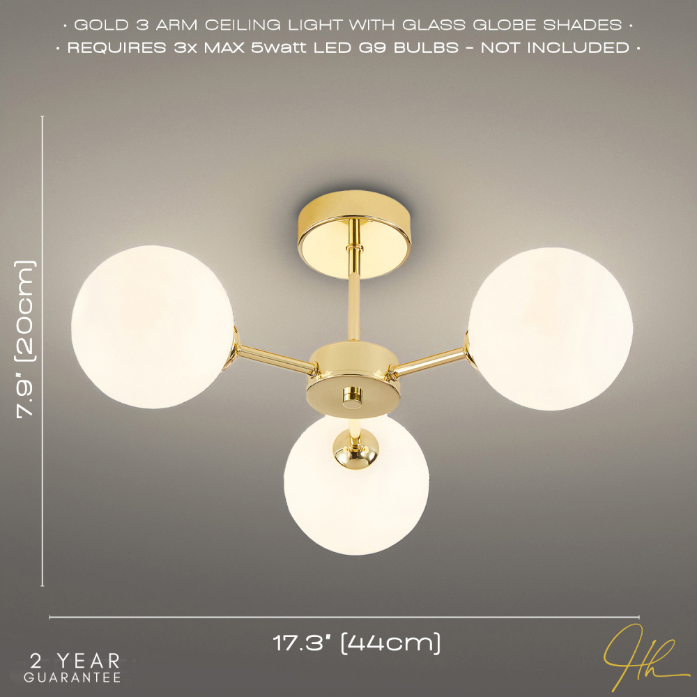 Happy Homewares Polished Gold Ceiling Light with Opal White Globe Glass Shade Image 7