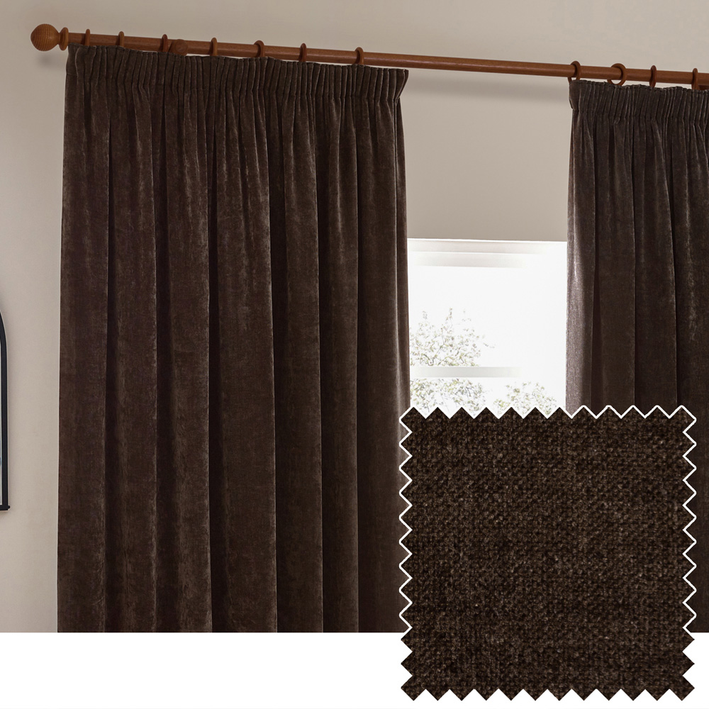 Yard Heavy Brown Chenille Velvet Pencil Pleat Curtains 229 x 183cm Image 4