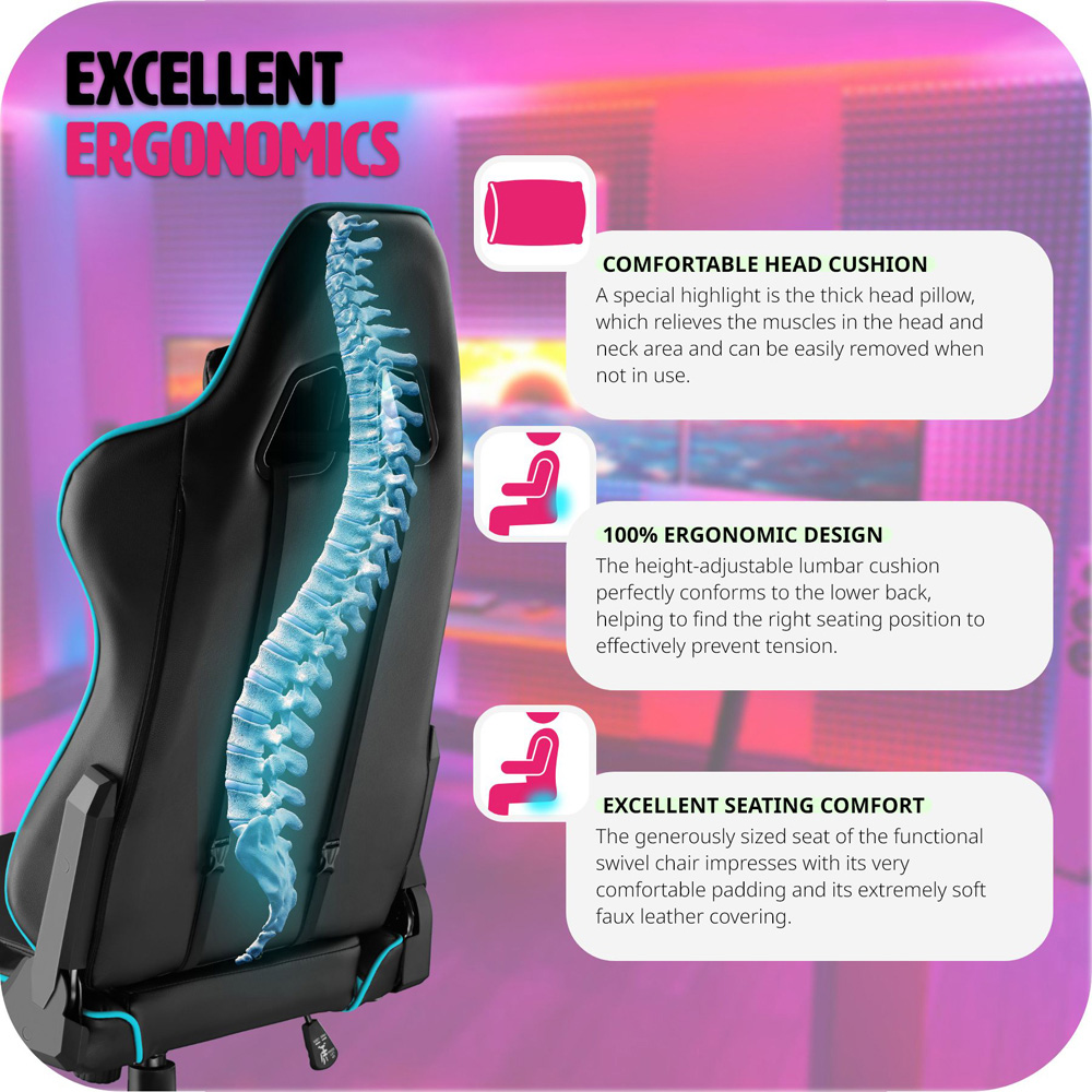 tectake Stealth Black and Azure Gaming Chair Image 6