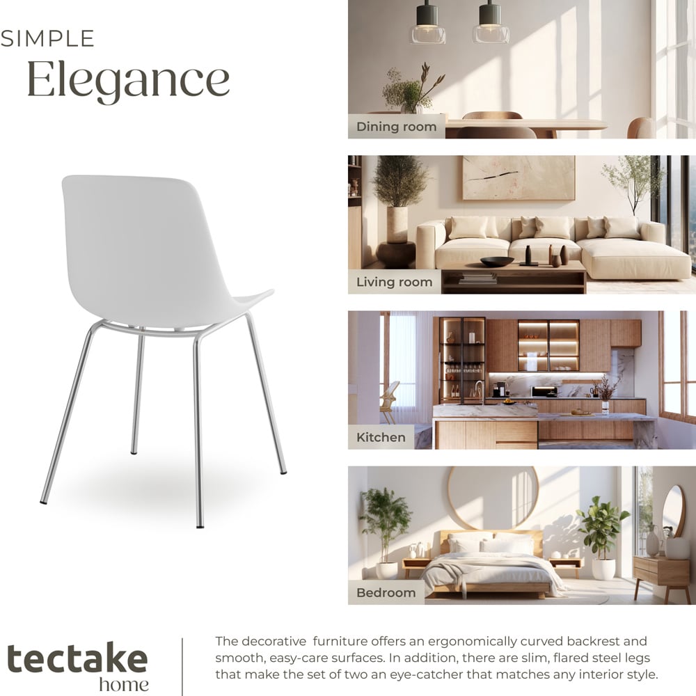 tectake Mave Set of 2 White and Chrome Dining Chair Image 5