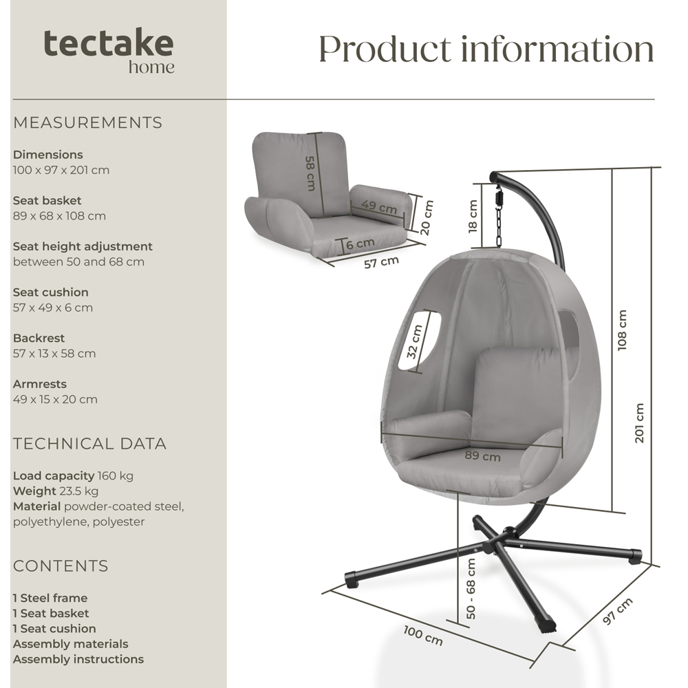 tectake Anika Light Grey Hanging Egg Chair Image 9