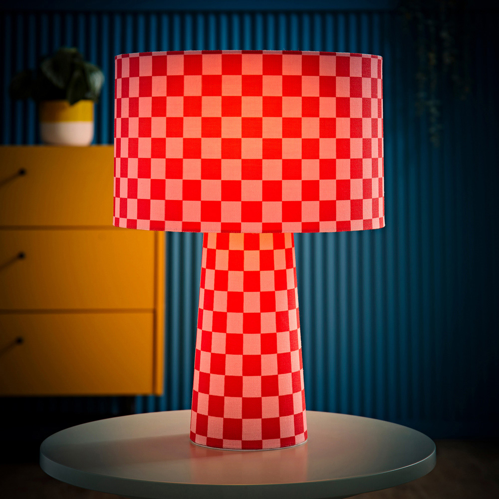 ValueLights Pritchard Pink Checkerboard Drum Shade Full Fabric LED Table Lamp Image 6