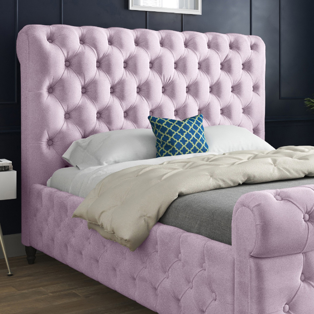 Savana Small Single Pink Soft Velvet Upholstered Sleigh Bed Frame with Scrolled Headboard Image 3