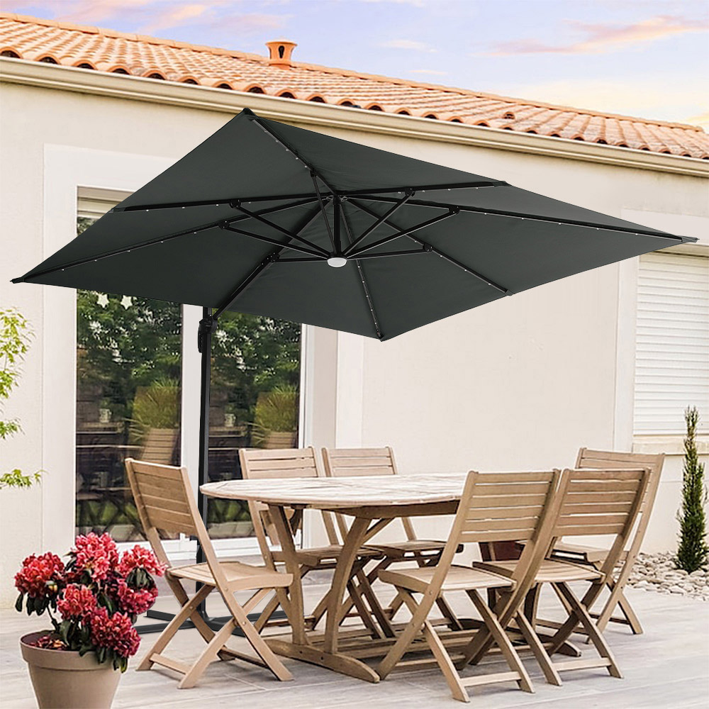 Living and Home Dark Grey Square LED Rotatable Cantilever Parasol with Wheeled Base 3m Image 8