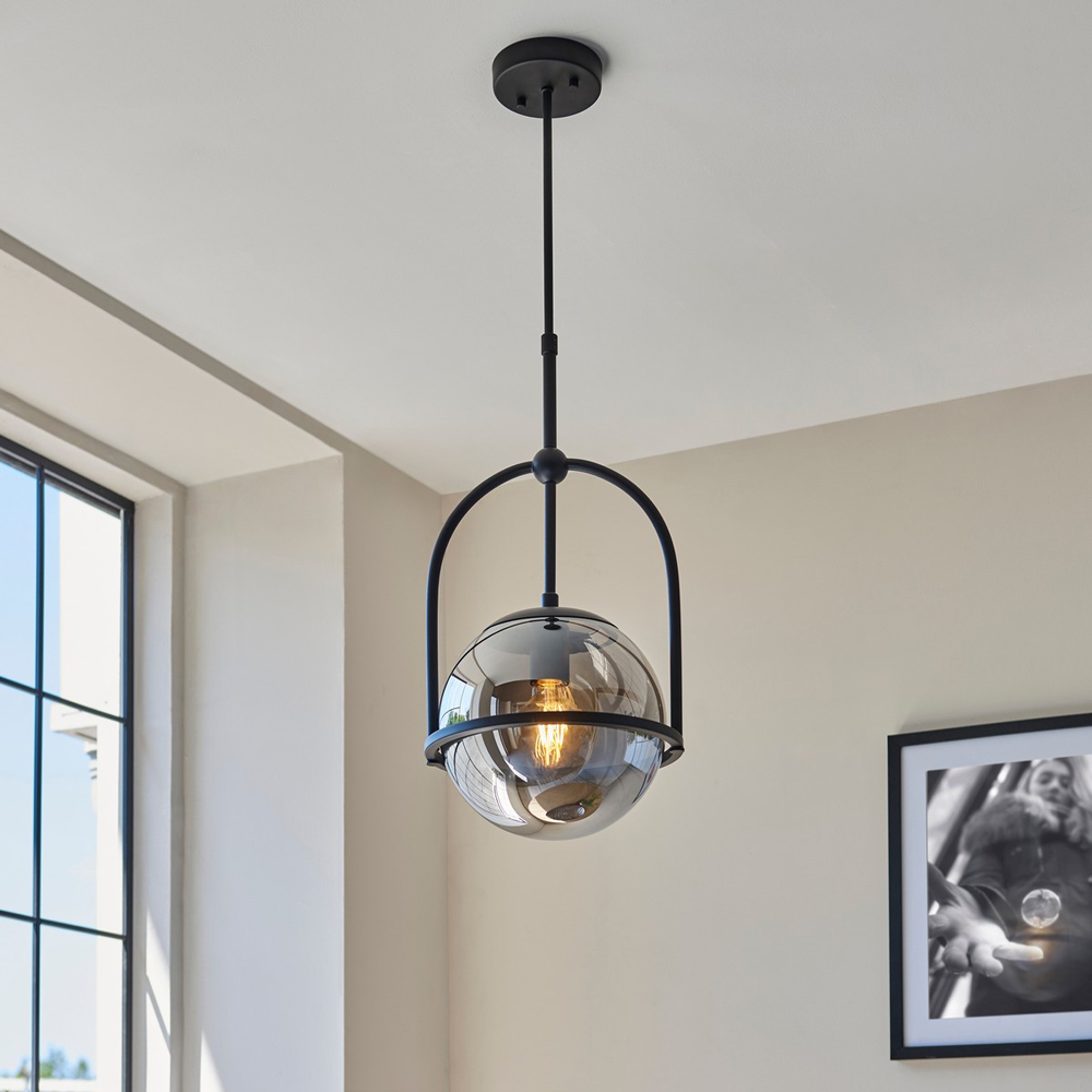 Merano Trieste Smoked Mirror Glass Matt Black Single Globe Pendant Ceiling Light Image 6
