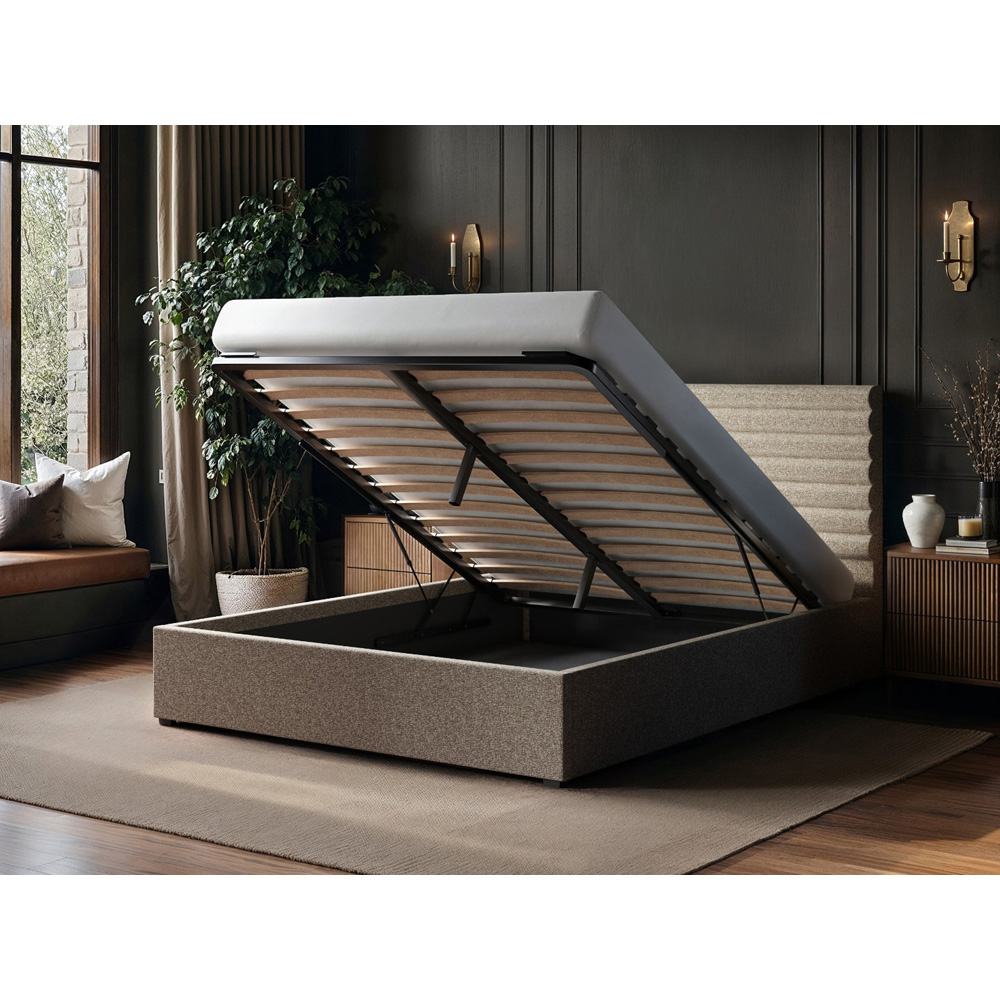 SOLACE+CO Velora Double Brown Chenille Ottoman Bed with Panel Headboard Image 6