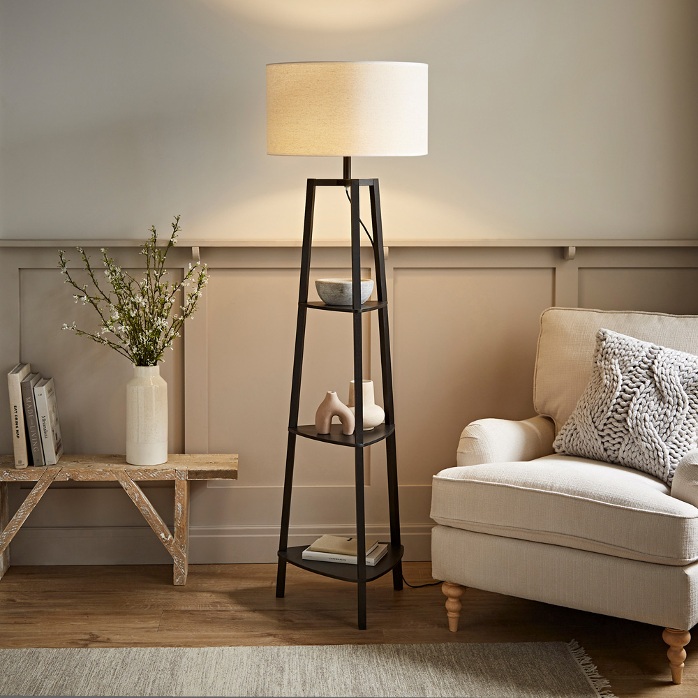 ValueLights Hiru Black 3 Shelf White Trim Linen Shade Floor Lamp with Bulb Image 2