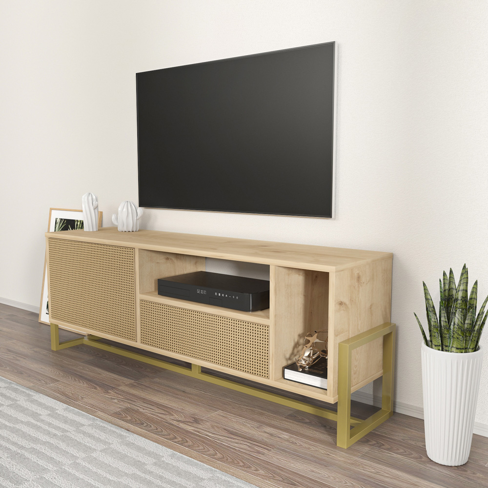 Decorotika Utopie Single Drawer Single Door 2 Shelf Oak and Rattan TV Unit Image 8