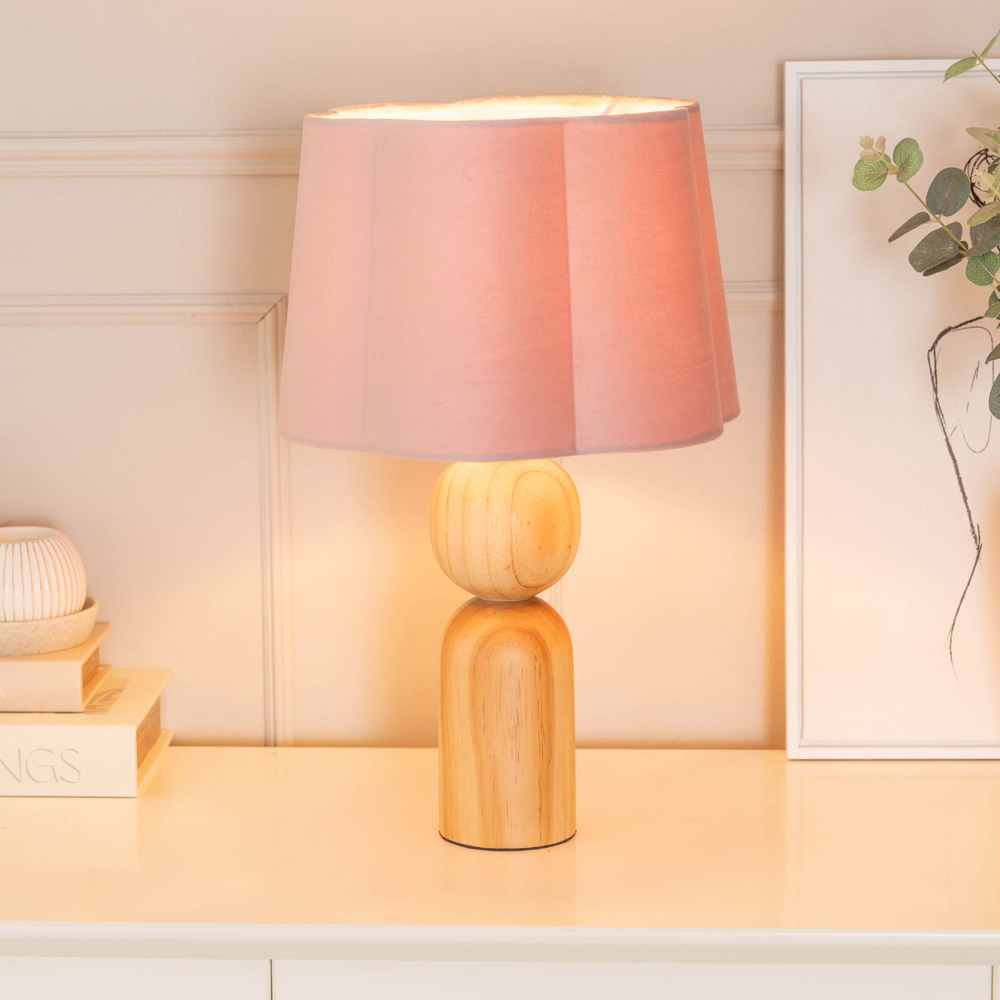 ValueLights Azalea Blush Pink Velvet Scallop Shade Rustic Wooden LED Table Lamp Image 2