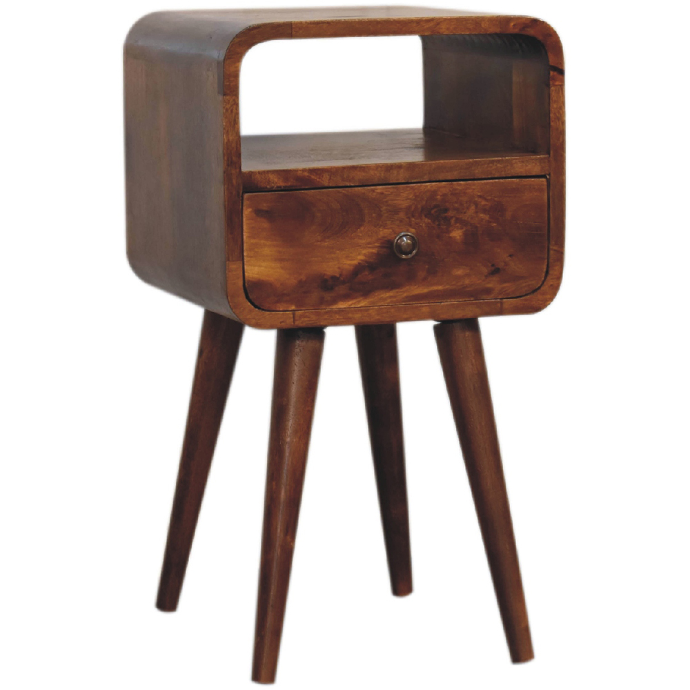 Artisan Furniture Mini Chestnut Single Drawer Single Shelf Mango Wood Curved Open Bedside Table Image 3