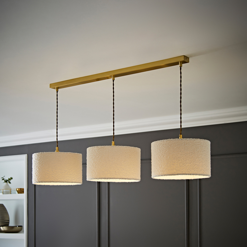 ValueLights Reni Cream Boucle Drum Shade 3 Drop Bar Gold Diner LED Ceiling Light Image 2