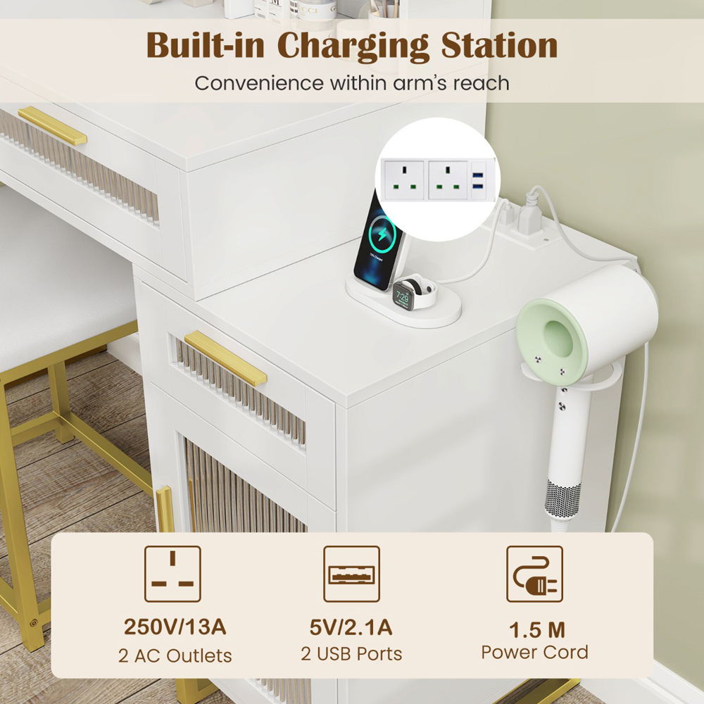 Costway 4 Drawer 2 Door White Dressing Table and Chair Set with LED Mirror Image 6