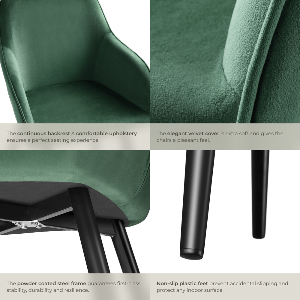 tectake Marilyn Set of 6 Dark Green and Black Velvet Look Padded Dining Chairs Image 5