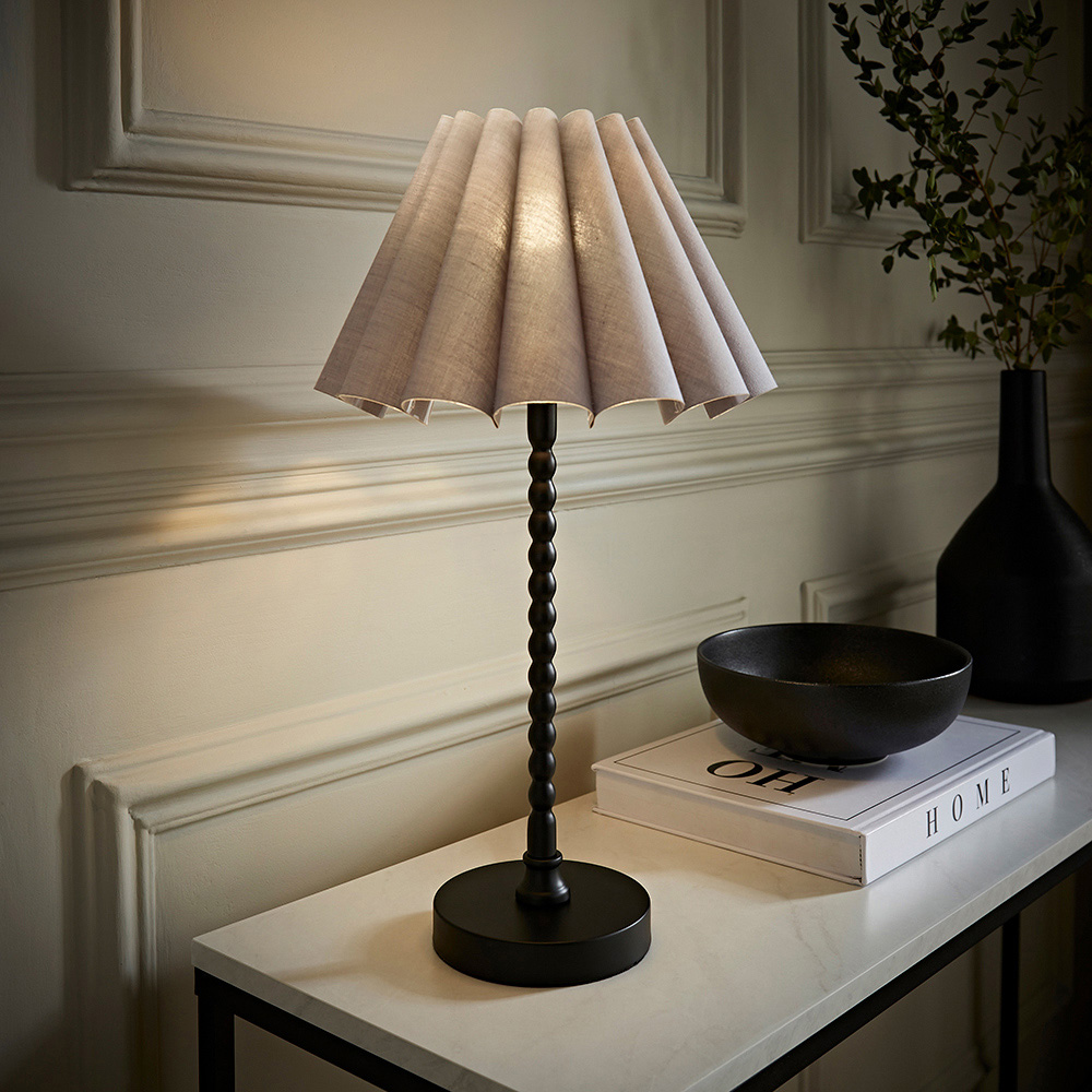 ValueLights Maeve Grey and Black Scallop Pleated Tapered Shade Bobbin Bobble Table Lamp and Bulb Image 6
