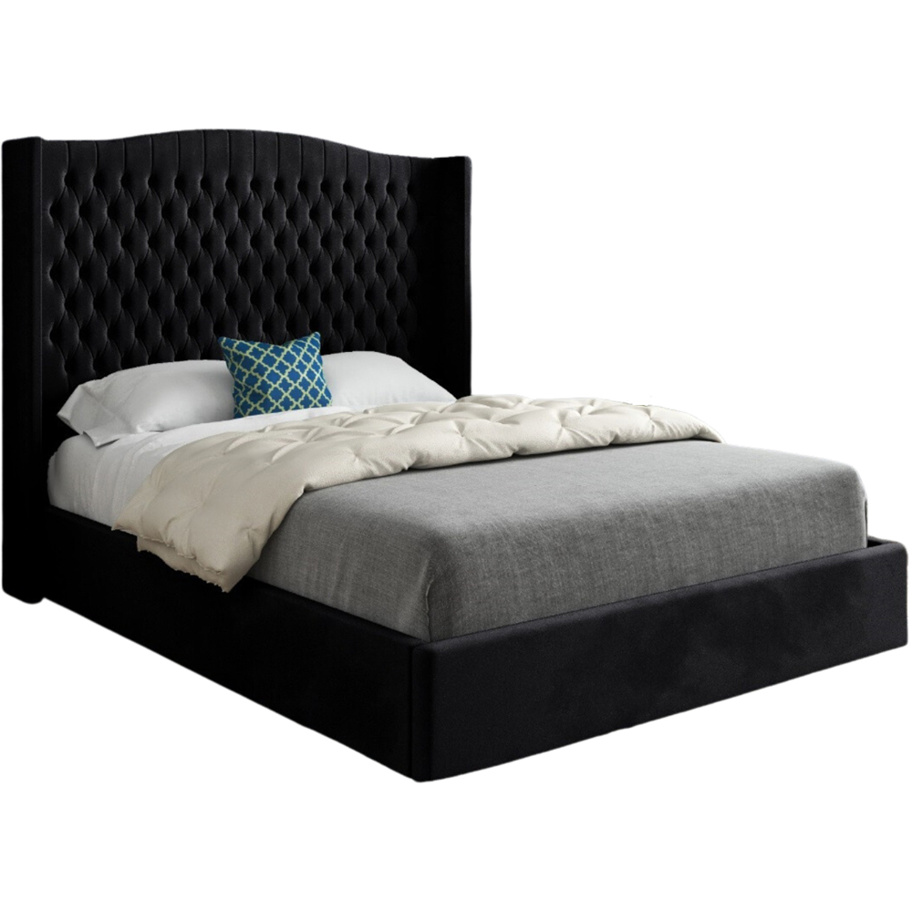 Rana Super King Size Black Soft Velvet Upholstered Bed Frame with Curved Top Winged Headboard Image 2