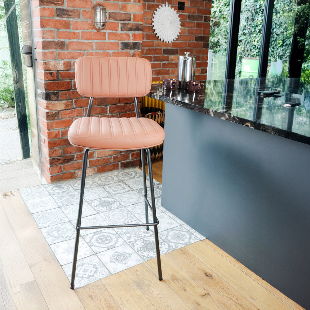 MMT Furniture Designs Tan PU Leather Steel Frame Retro Industrial Style Bar Stool Set of 2 Image 3