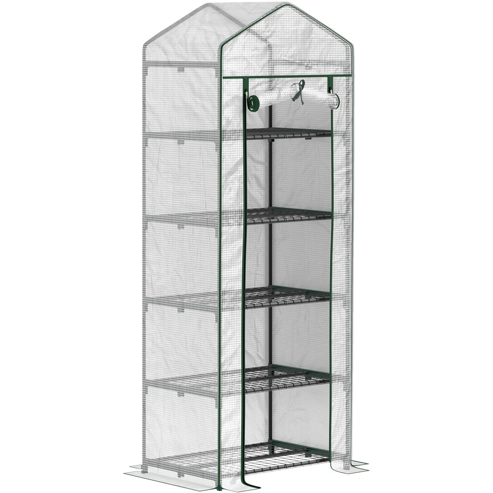 Outsunny White and Green 5 Shelf PE Cover 2.2 x 1.6ft Mini Greenhouse with Roll Up Door Image 1
