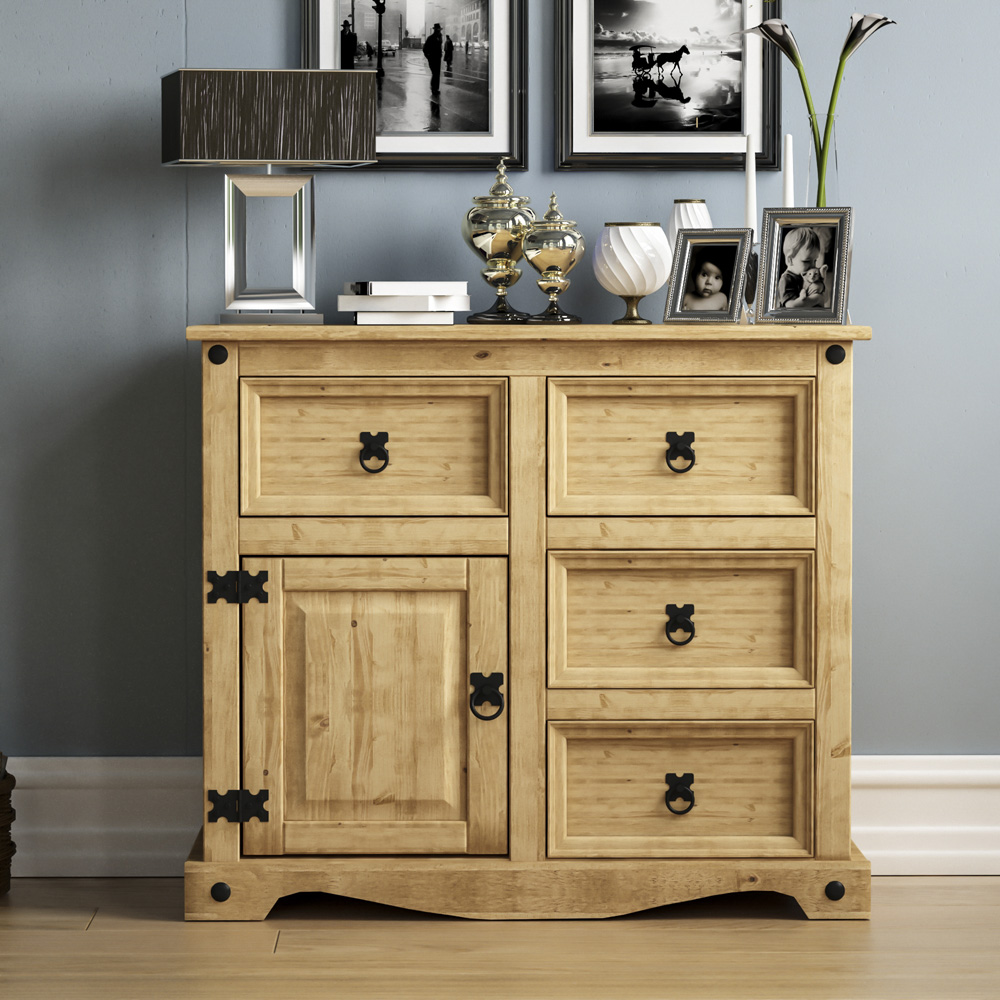 Vida Designs Corona Single Door 4 Drawer Pine Small Sideboard Image 6