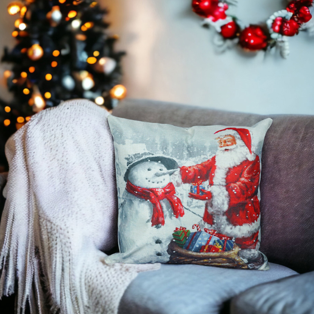 Xmas Haus Festive Santa and Snowman Christmas Cushion 40 x 40cm Image 2