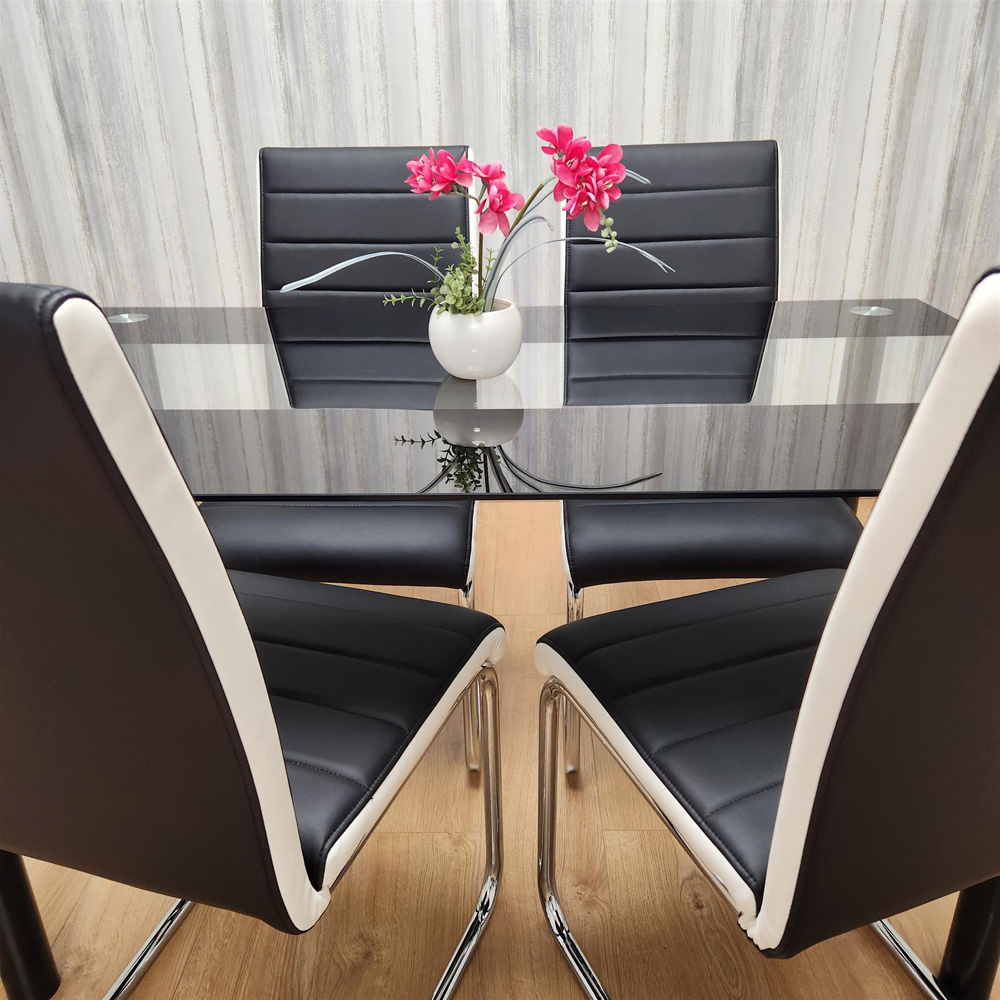 Portland Glass 4 Seater Leather Dining Set Black and White Image 2