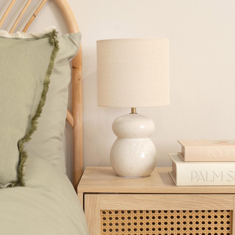 ValueLights Kendal Natural Linen Drum Shade Beige Glazed Ceramic LED Table Lamp Image 3