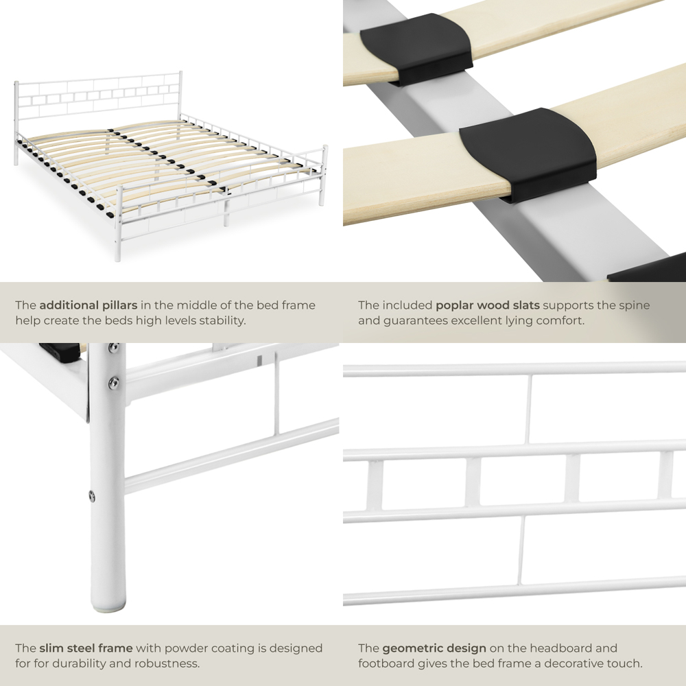 tectake King Size White Metal Bed Frame with Slatted Base Image 7