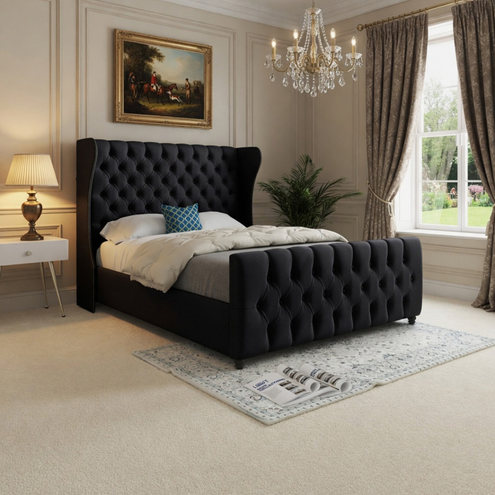 Donati Black Super King Size Velvet Upholstered Bed Frame with Straight Curved Top Headboard Image 5
