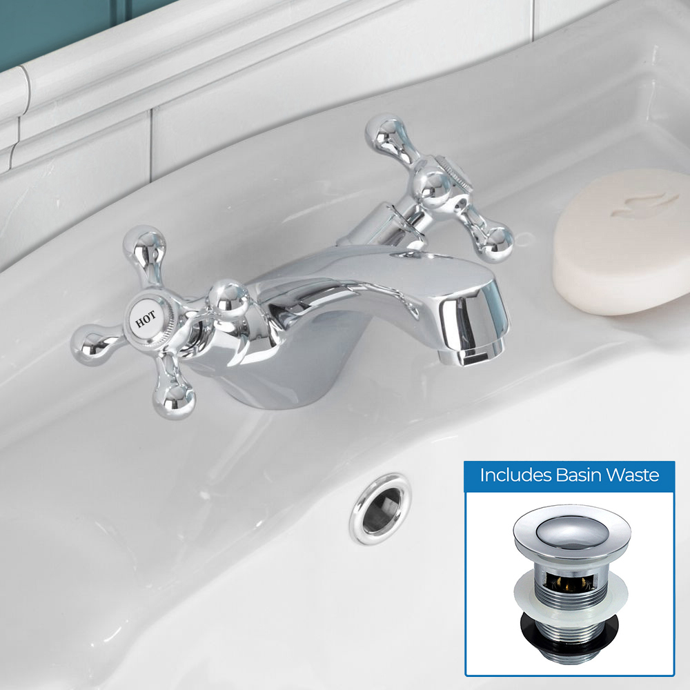 Nes Home Traditional Chrome Cross Head Basin Mono Mixer Tap with Waste Image 2