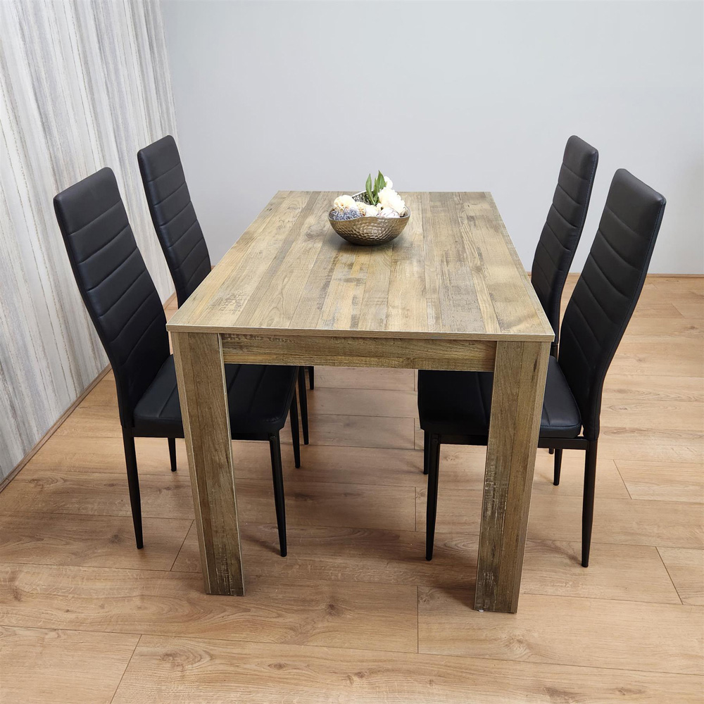 Portland 4 Seater Dining Set Rustic Effect and Black Leather Image 3
