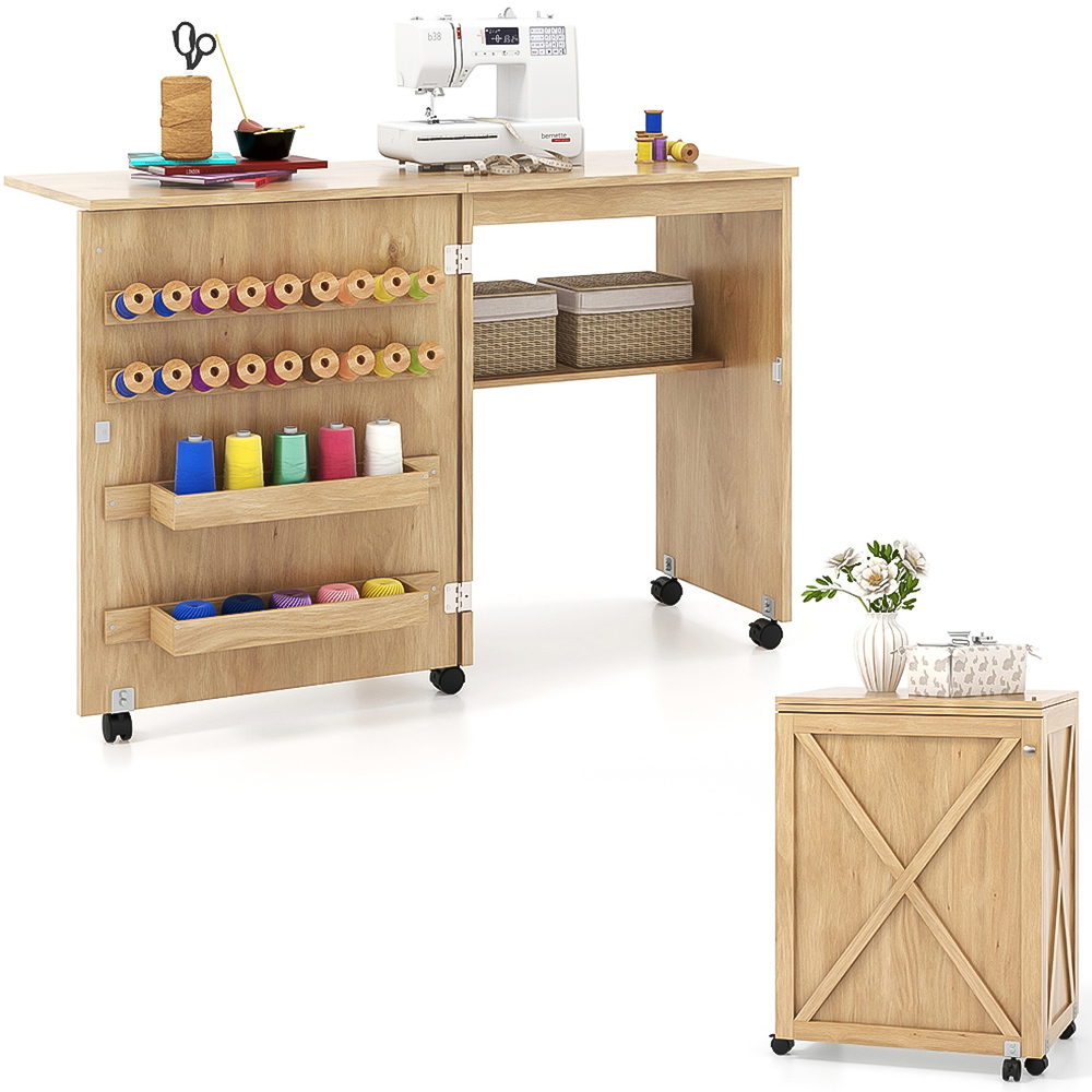 Costway Single Shelf 2 Tray Natural Folding Sewing Table with Wheels Image 3