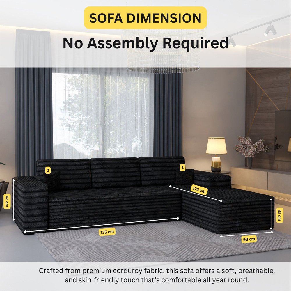 Sliding Wardrobes 4U 3 Seater L Shaped Black Corner Sofa with Reversible Chaise Image 8