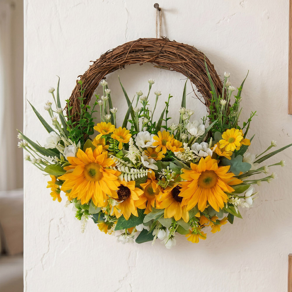 Living and Home Artificial Yellow Sunflower Door Wreath 45 x 36cm Image 2