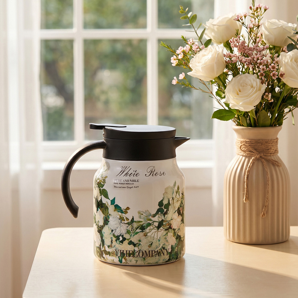 Living and Home White Rose Vintage Floral Stainless Steel Thermal Teapot with Infuser 1L Image 2