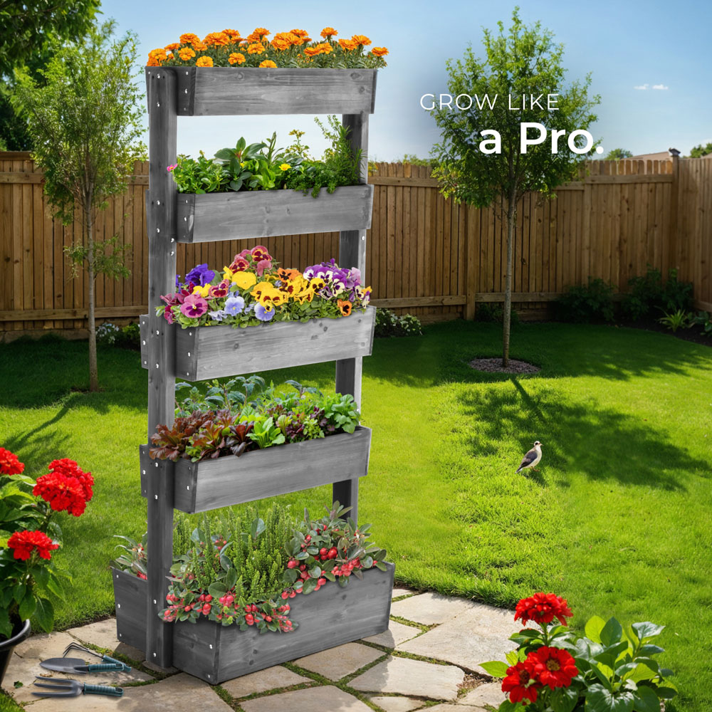 tectake Flora 4-Tier Grey Rustic Wooden Vertical Planter 81 x 52 x 180cm Image 3